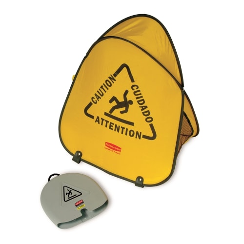 Cono de seguridad plegable multilingüe "Precaución" de 20 pulgadas Rubbermaid, amarillo